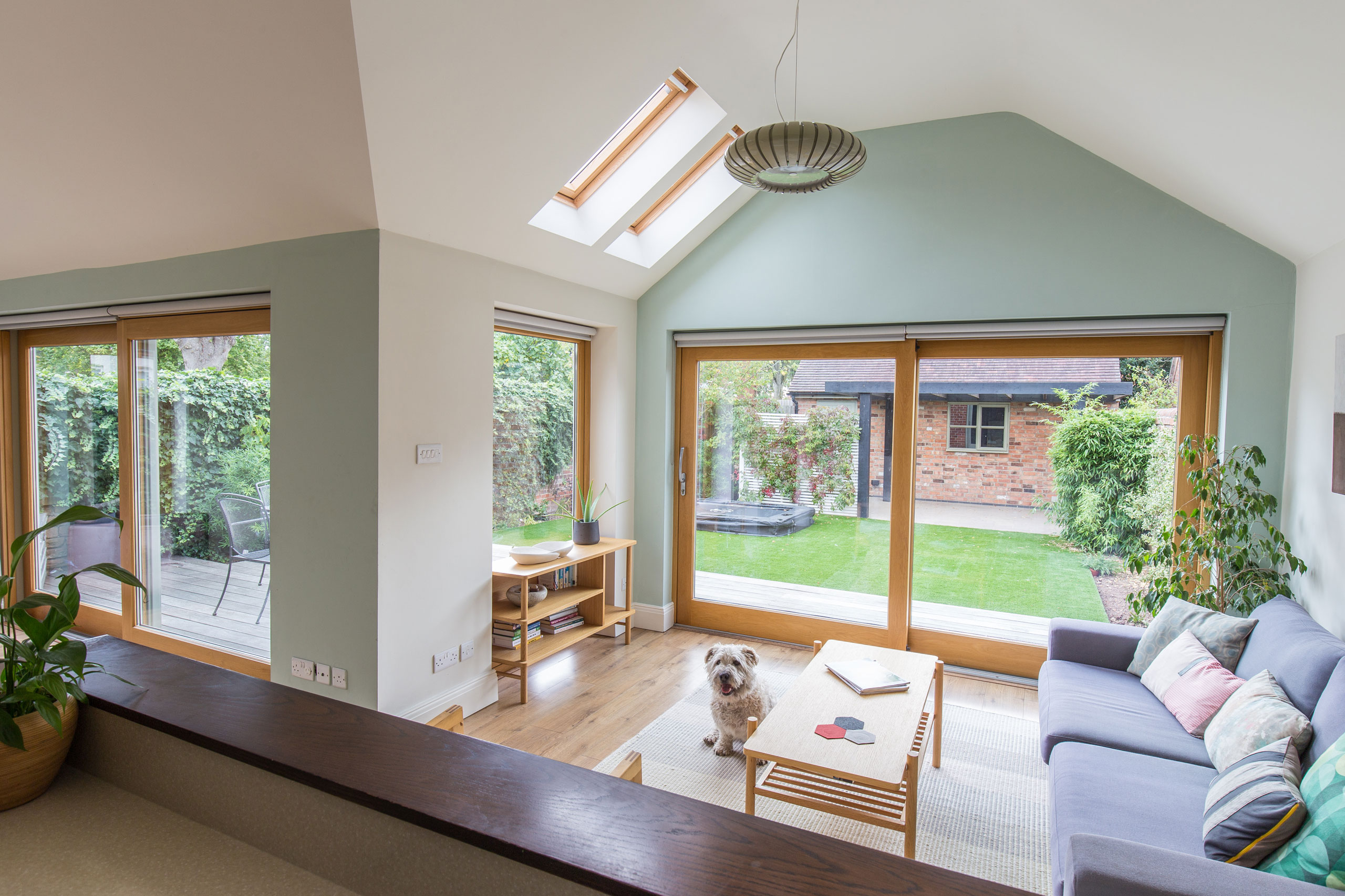 Open plan living Oak sliding doors and vaulted ceilings