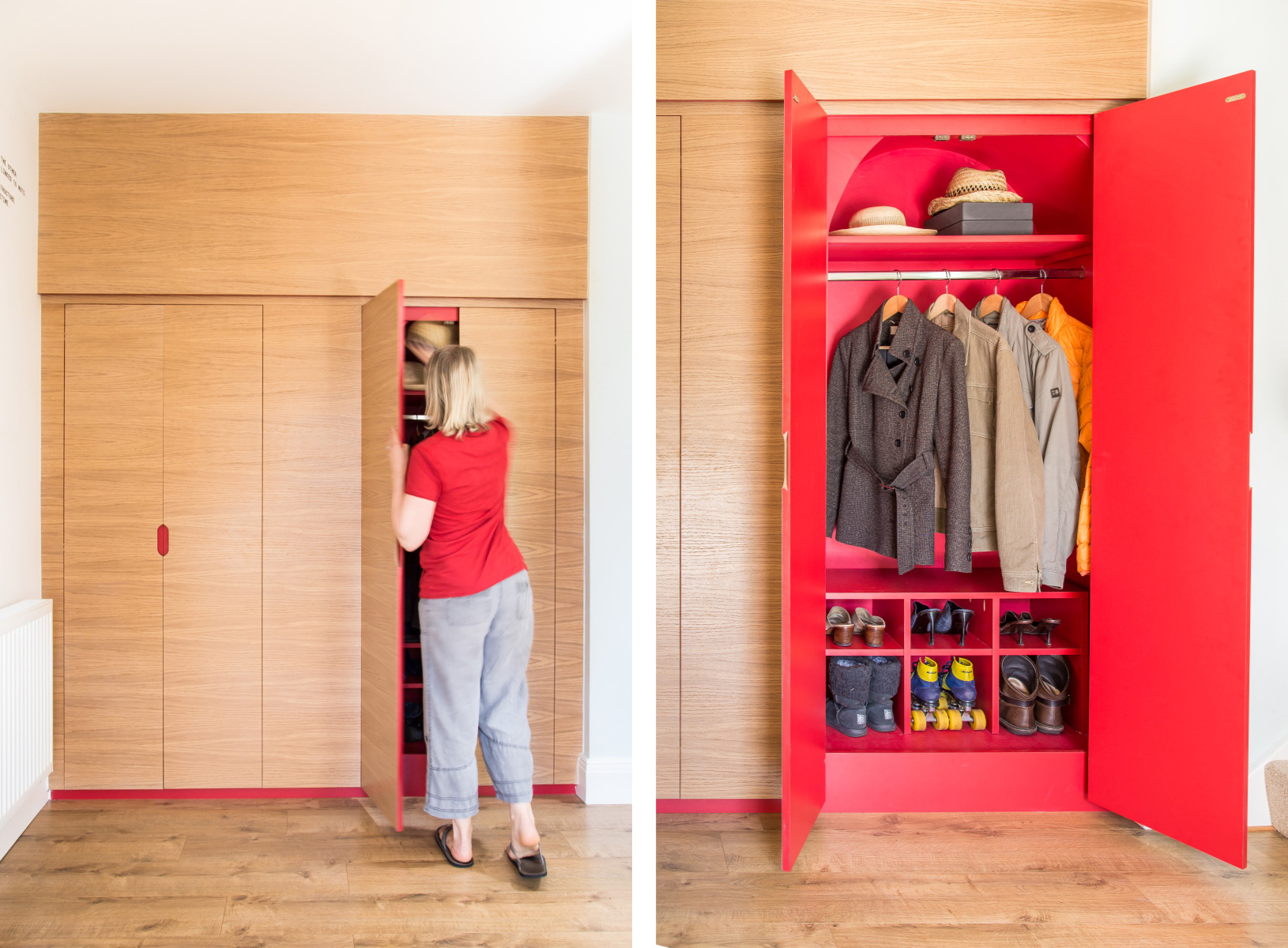 Hallway contemporary storage cupboards oak and red