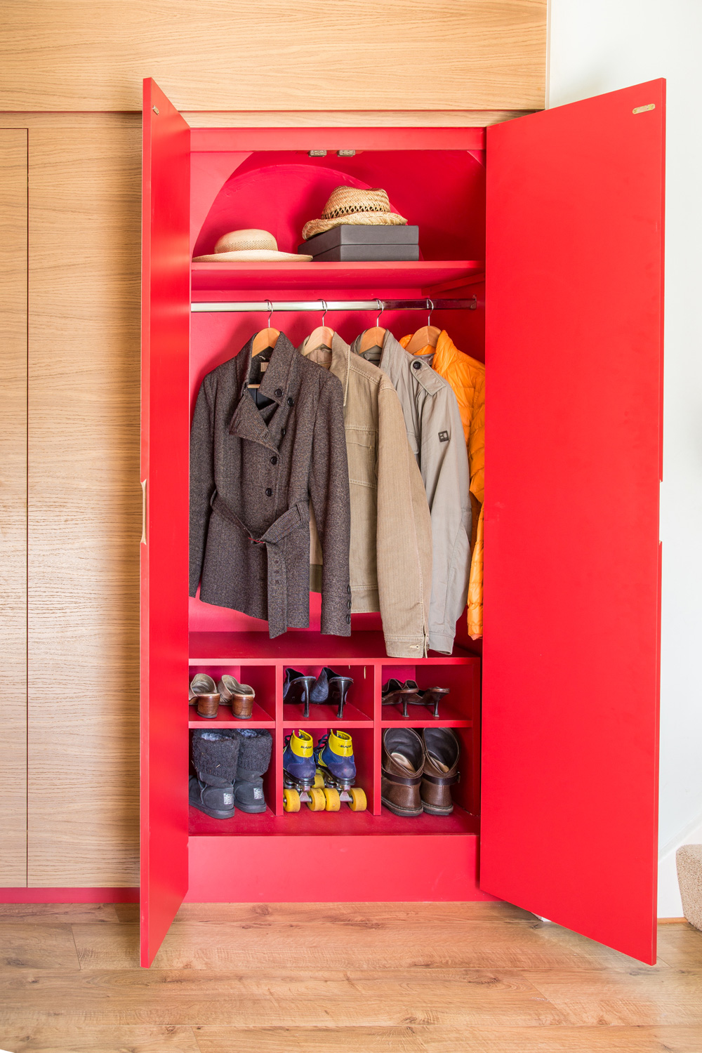 Hallway contemporary storage cupboards oak and red