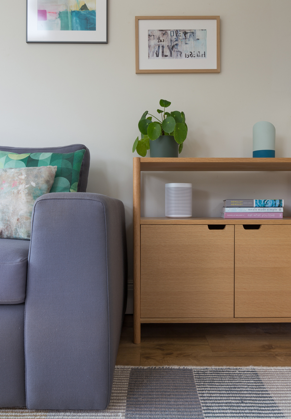 Oak contemporary cupboard and grey sofa
