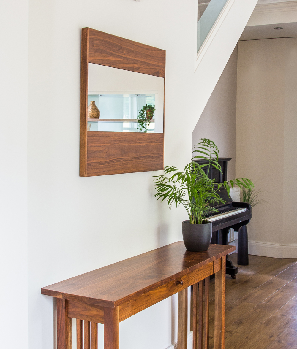Walnut console table and mirror with piano