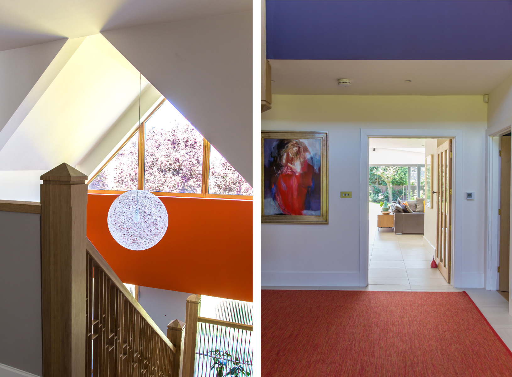 Double height hallway with bold colours