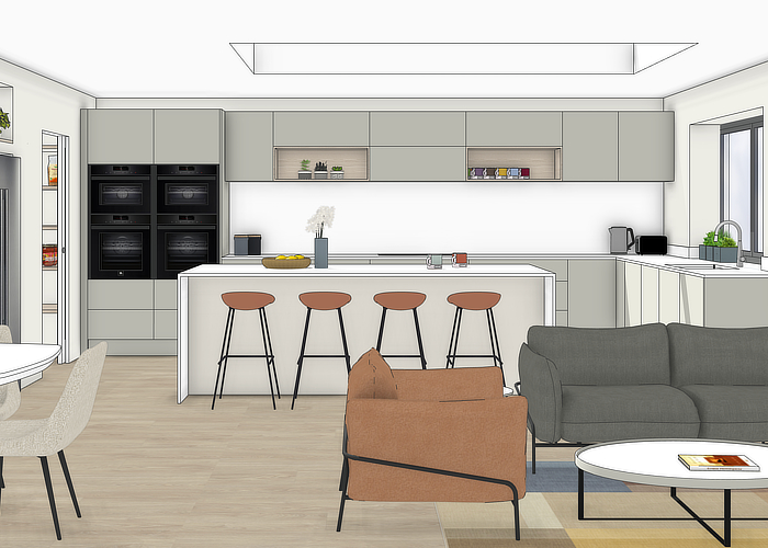 3D render of a contemporary family home showing open plan kitchen layout