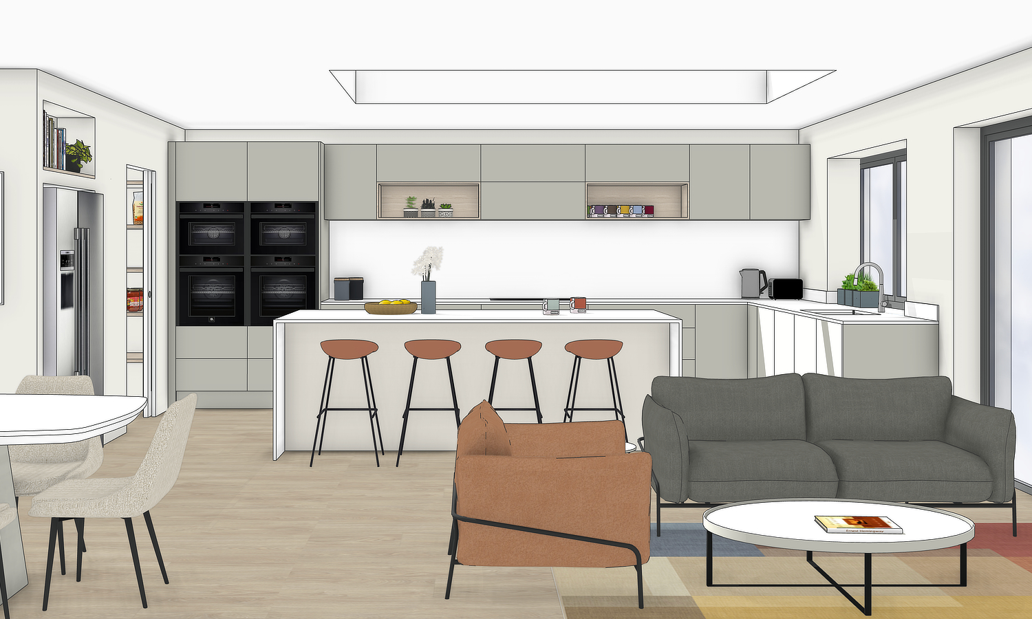 3D render of a contemporary family home showing the open plan kitchen and seating area