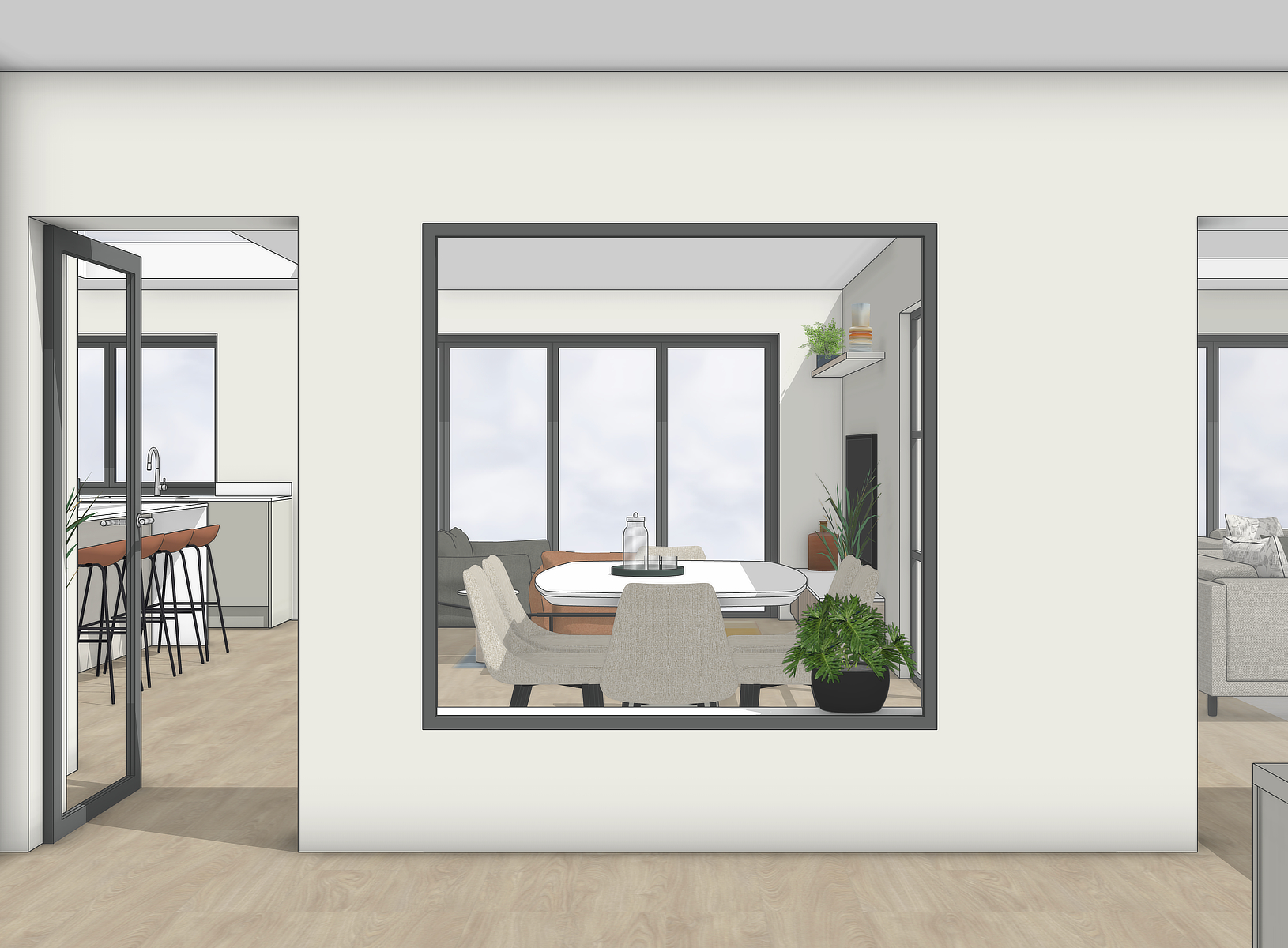 3D render of a contemporary family home showing view into open plan space from the hallway