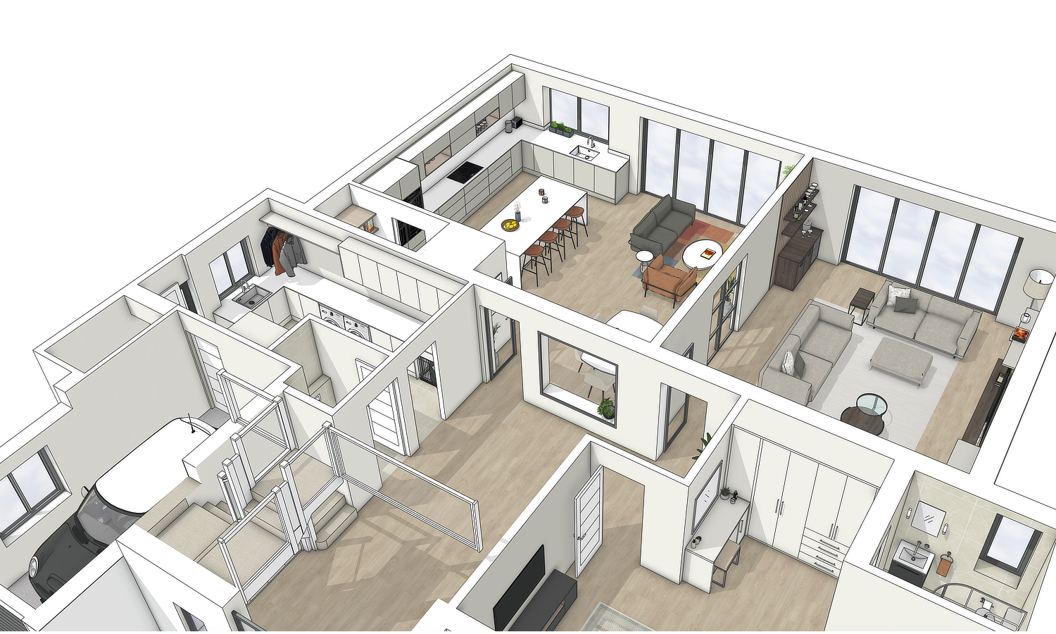 3D render of a contemporary family home showing the downstairs layout of kitchen and living spaces from an aerial view