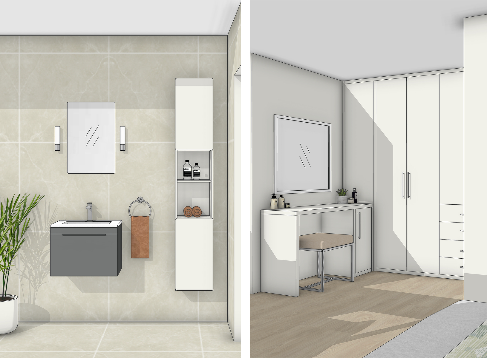 3D render of contemporary family home showing bathroom sink and storage and fitted dressing table with fitted wardrobes