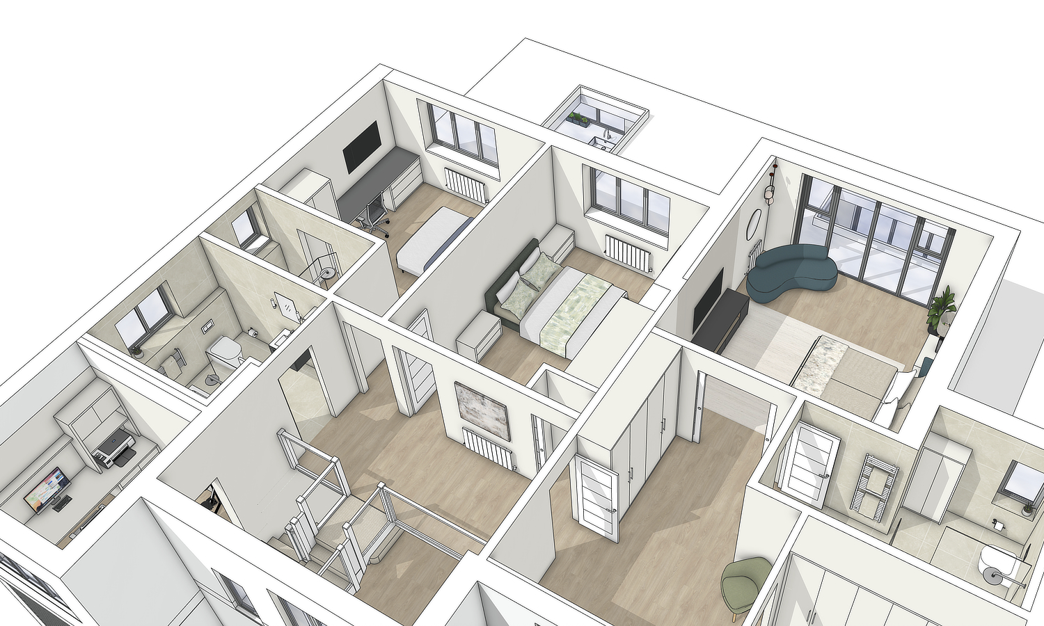 3D render of a contemporary family home showing the upstairs layout of bedrooms and bathrooms from an aerial view