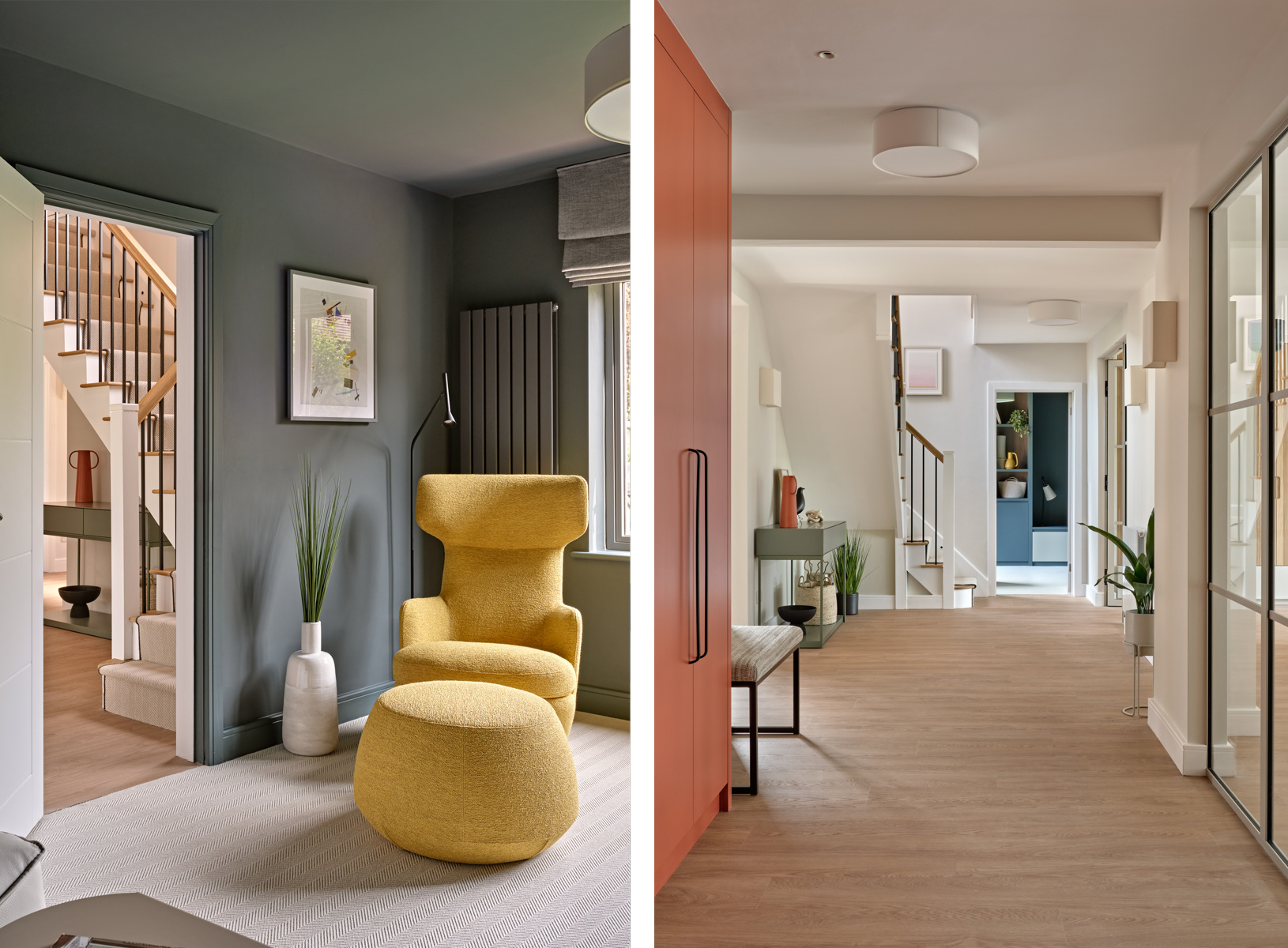 Bright yellow chair modern high backed against dark walls and hallway with red orange cupboards